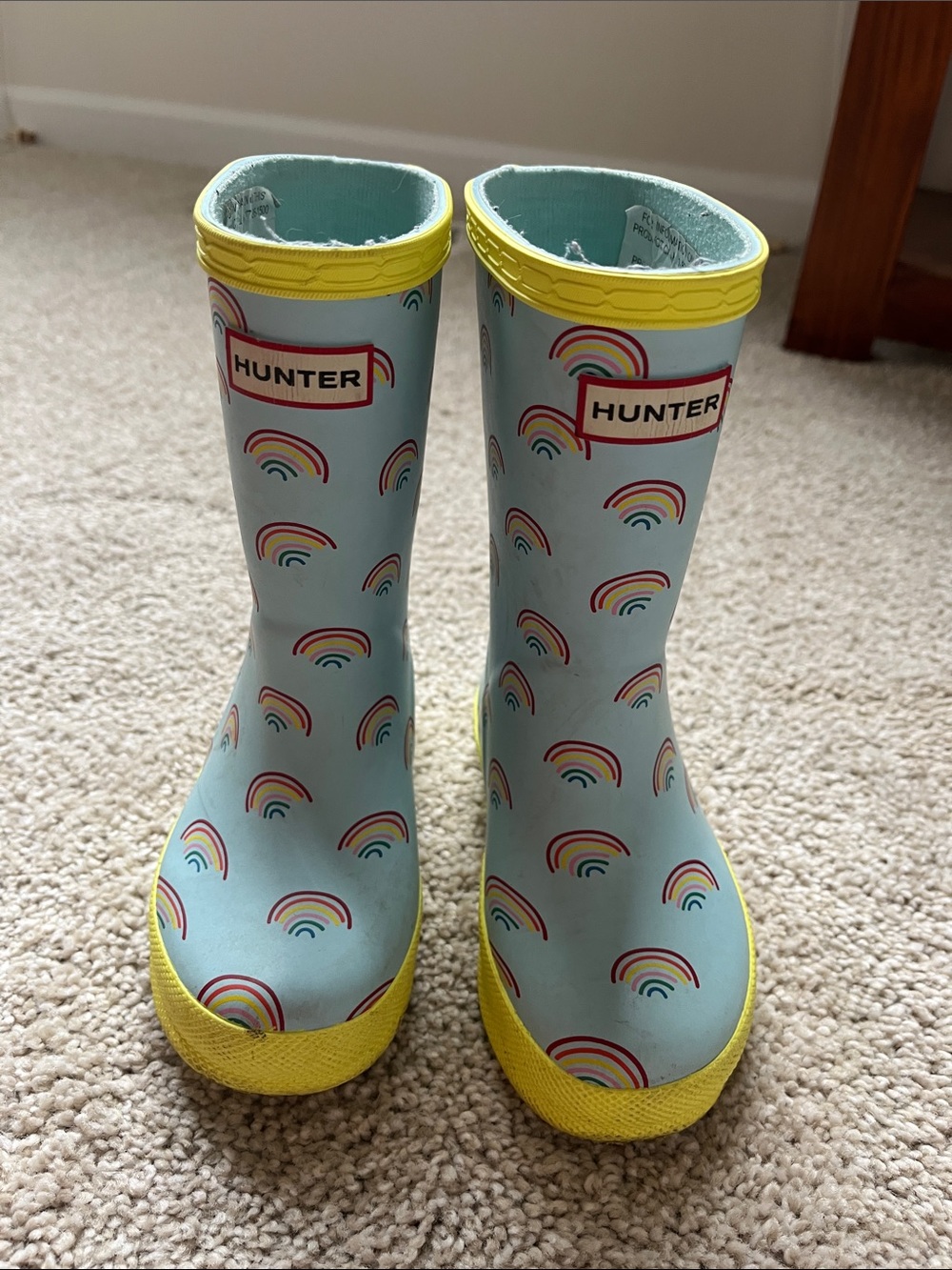 Hunter Kids Blue Rainbow Print Rain Boots with Yellow Trim - Picture 2 of 5